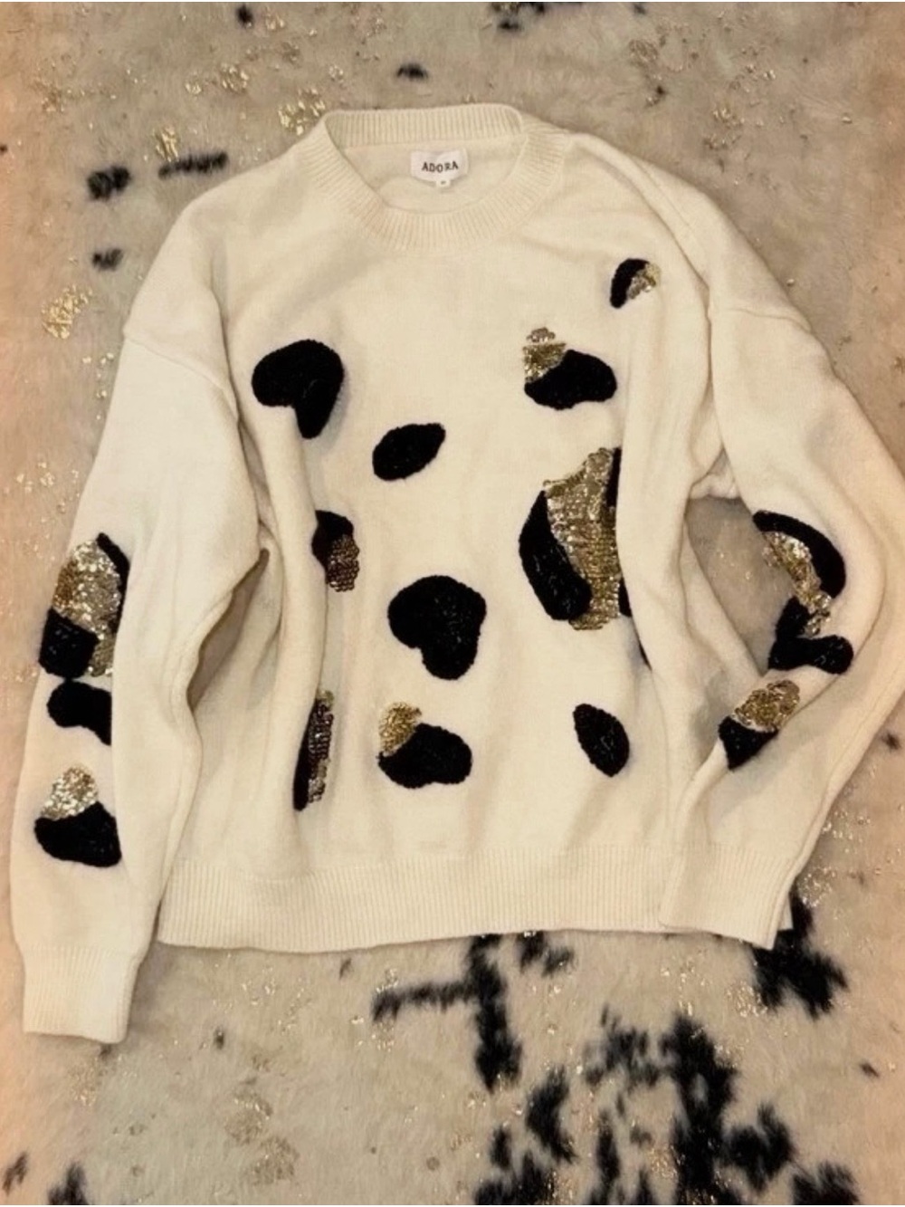 ADORA Cream Crewneck Sweater with Black & Gold Sequin Spots